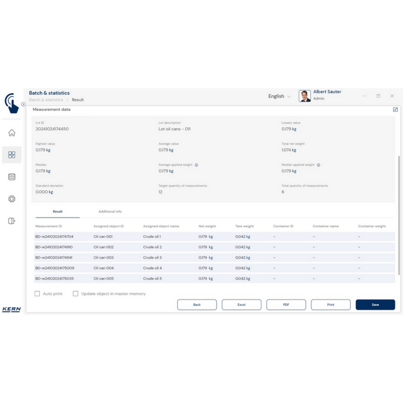 KERN EasyTouch SET-16 Batch and Statistics